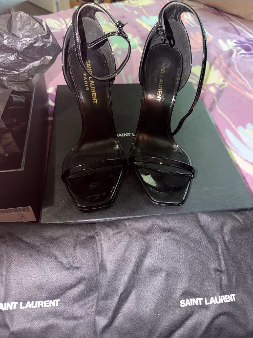 Saint Laurent Black Patent Leather Ankle-Strap Heels